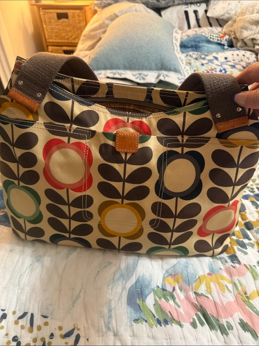 Orla Kiely Multicolor Stem Print Shoulder Bag with Brown Straps